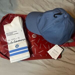 NWT Lululemon Blue Cap and Socks Bundle with Red Bag